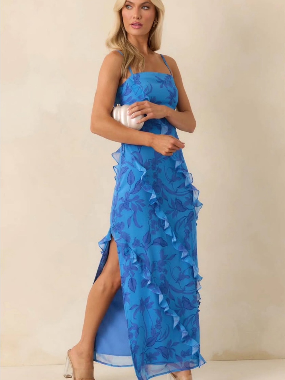 MINKPINK Blue Floral Ruffle Maxi Dress